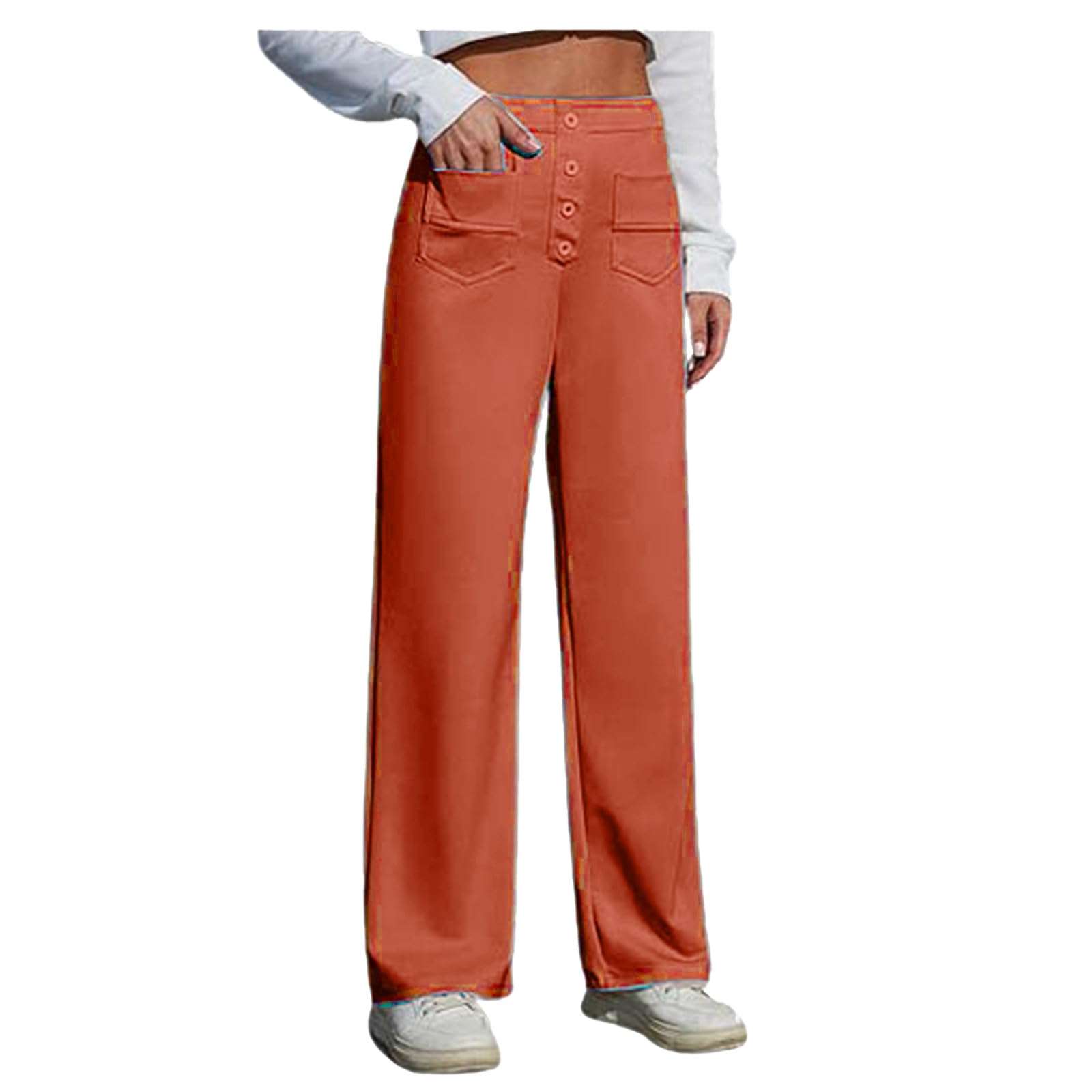 Womens Casual High Waist Straight Leg Pants Stretchy Button Business Dress Work Pocket Trousers Flat Front Slacks