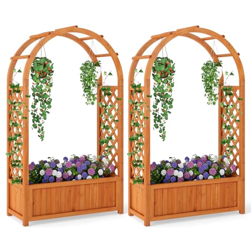 HAPPYGRILL Raised Garden Bed with Trellis, Wooden Elevated Planter Box w/Ached Roof & Detachable Bottom Panels, Liner, Drainage, Indoor Outdoor Wood Planter for Climbing Plants Vine Flower (2)