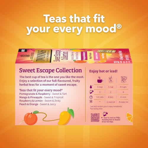 Image of Twinings Sweet Escape Fruity Herbal Tea Variety, 20 Count, Pack of 1 | Assorted 4 Flavours, Naturally Caffeine-Free, Enjoy Hot or Iced, 20 Teabags
