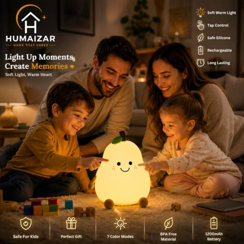Image of HUMAIZAR KHIZAR Kawaii Pear Silicone Night Light - Cute Rechargeable LED Lamp for Kids Bedroom, Girls Room, Nursery & Bedside Decor