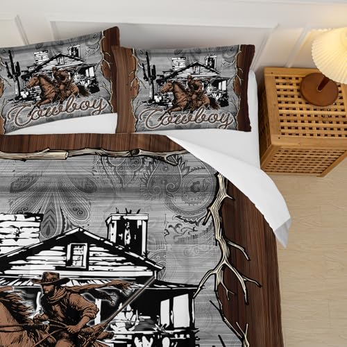 Image of Brown Western Cowboy Comforters King Size,Boys King Size Bedding Set Cowboy Themed,with 1 Comforter with 2 Pillow Case,Western Bedroom Decor for Boys Men Kids