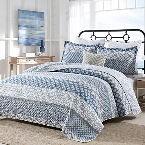 SahSahCasa Quilt King Size, King Quilt Set, 100% Cotton Floral Quilt, King Quilt Bedding Set Bedspreads, Patchwork Reversible Lightweight Comforter Bed Spread for All Season, Blue/Gray, 3 Pieces