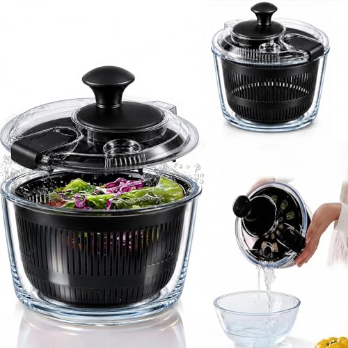 LYTYCJD Good Girps 3.2 Qt Glass Salad Spinner Small Vegetable Dryer with Drain Microwave Safe Dishwasher Safe with Transparent Lid Crank Handle Quick Spin Greens Washer for Lettuce Herbs Fruits