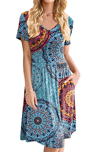 Image of DB MOON Women 2026 Casual Summer Dresses V Neck Short Sleeve Knee Length Dress with Pockets(Flower Mix Blue, S)