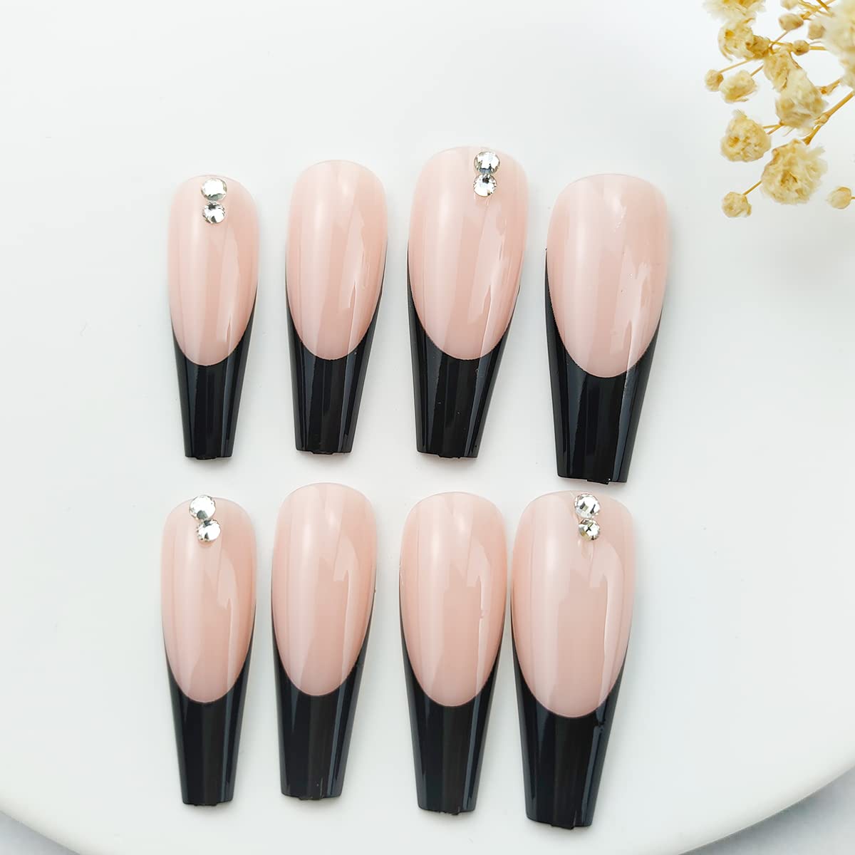 Uñas postizas largas a presión, estilo ataúd, francés, cobertura completa, bailarina, punk, uñas postizas acrílicas con diamantes de imitación para mujeres y niñas, 24 unidades