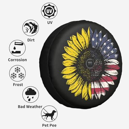 Image of American Flag Sunflower Spare Tire Cover with Backup Camera Hole Universal Fit for Wrangler Rv SUV Truck Travel Trailer JL, Waterproof Dust-Proof Leather Wheel Protectors