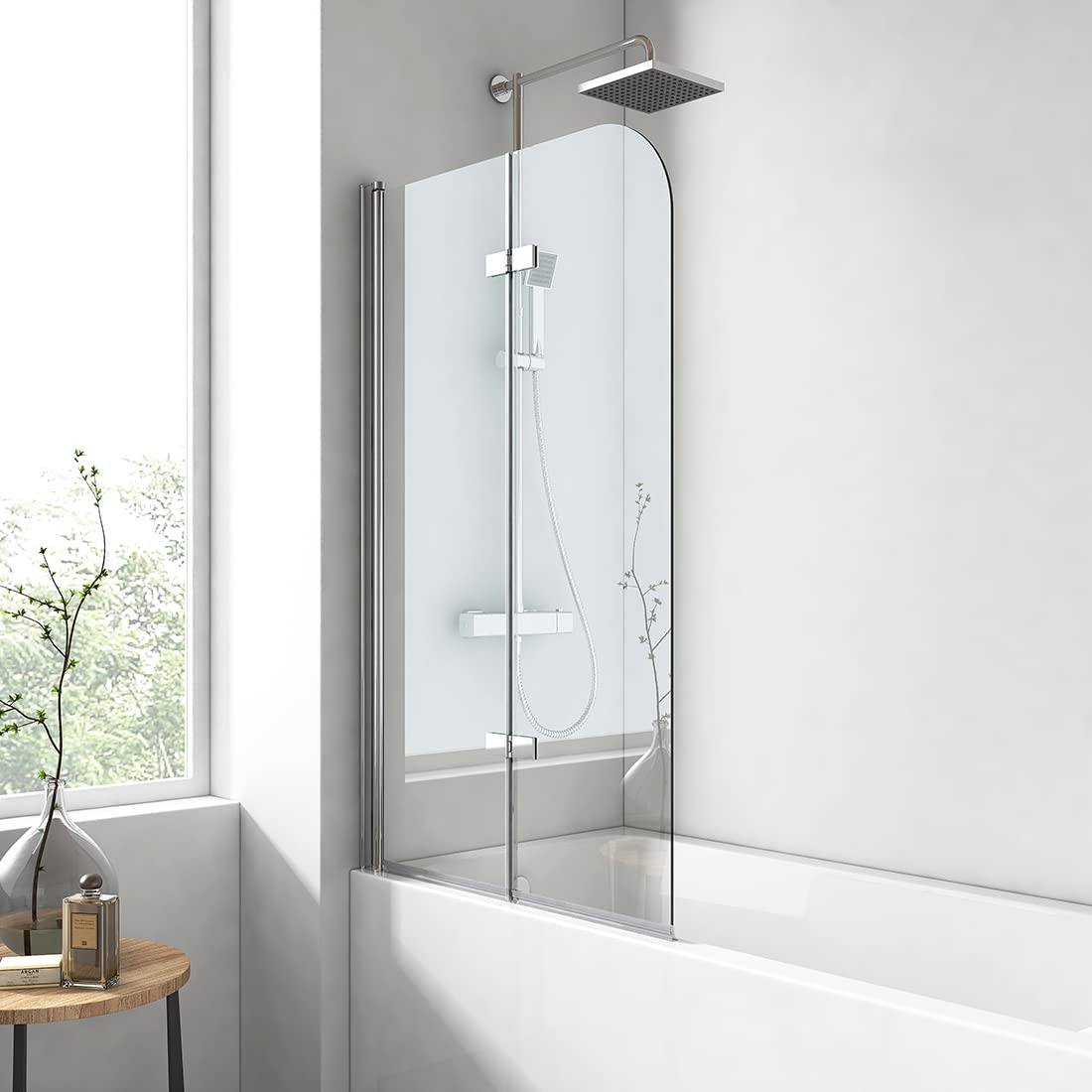 EMKE Pannello doccia per vasca da bagno, 100 x 140 cm, 2 pezzi, pieghevole, per vasca da bagno, divisorio doccia da 6 mm, in vetro di sicurezza
