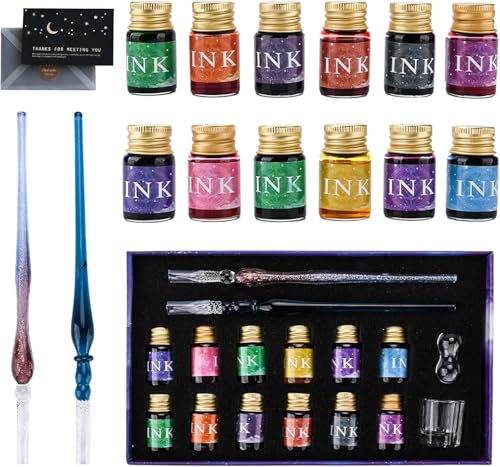 JOTOL JOTOLVerre Dip Lot De Stylos,2 Stylos Plume En Verre Calligraphie,12 Encres Couleurs Variées 7 Ml,pour L'art,Les Cartes de Vœux,Les Autographes,Les...