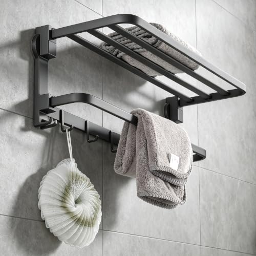 Image of Story@Home 24 Inches No Drill Towel Holder in Bathroom | Self Adhesive Towel Rod for Bathroom with Hooks | Foldable 90 Suction Cup Bathroom Aluminium Finish Towel Rack - No Drill Towel Stand - Black