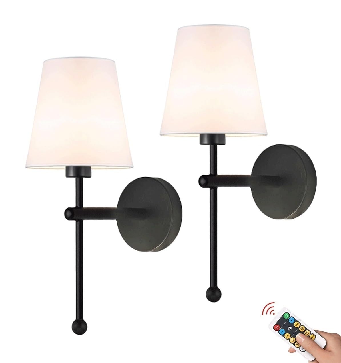 Sadovc Black Rechargeable Wall Sconce Battery Operated Wall Lights Set Of 2 With Remote, Cordless Wall Lamp Battery Powered Wall Sconces, Not Hardwired Dimmable Fabric Wall Light For Living Room Bedroom Hallway(Bl