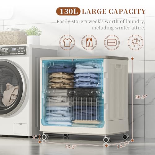 Image of HAIXIN HOME Rolling Laundry Hamper with Lid, 130L Large Capacity Clothes Hampers for Laundry, Plastic Collapsible Laundry Baskets with Wheels and Lid, Install-Free & Easy to Transport to Laundry Room
