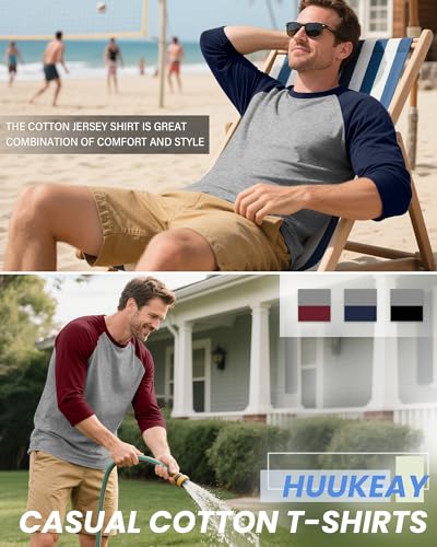 Huukeay 3 Pack Men's 3/4 Sleeve Shirts Cotton Crew Neck Baseball T Shirts Moisture Wicking Athletic Tops4