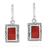 AeraVida Reconstructed Red Coral Greek Key Frame .925 Sterling Silver Dangle Earrings | Greek Key Earrings for Women Silver | Red Rectangle Earrings | Frame Earrings