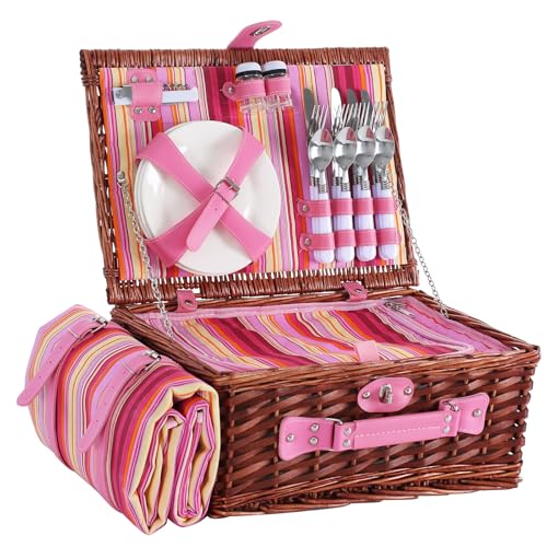 HYBDAMAI Picknickkorb Set für 4 Person mit Kühlfach und wasserdichte Picknickdecke Abnehmbarer Riemen Besteck Set für Camping Strand Wandern BBQ und Familie/Paare Geschenke Zubehör