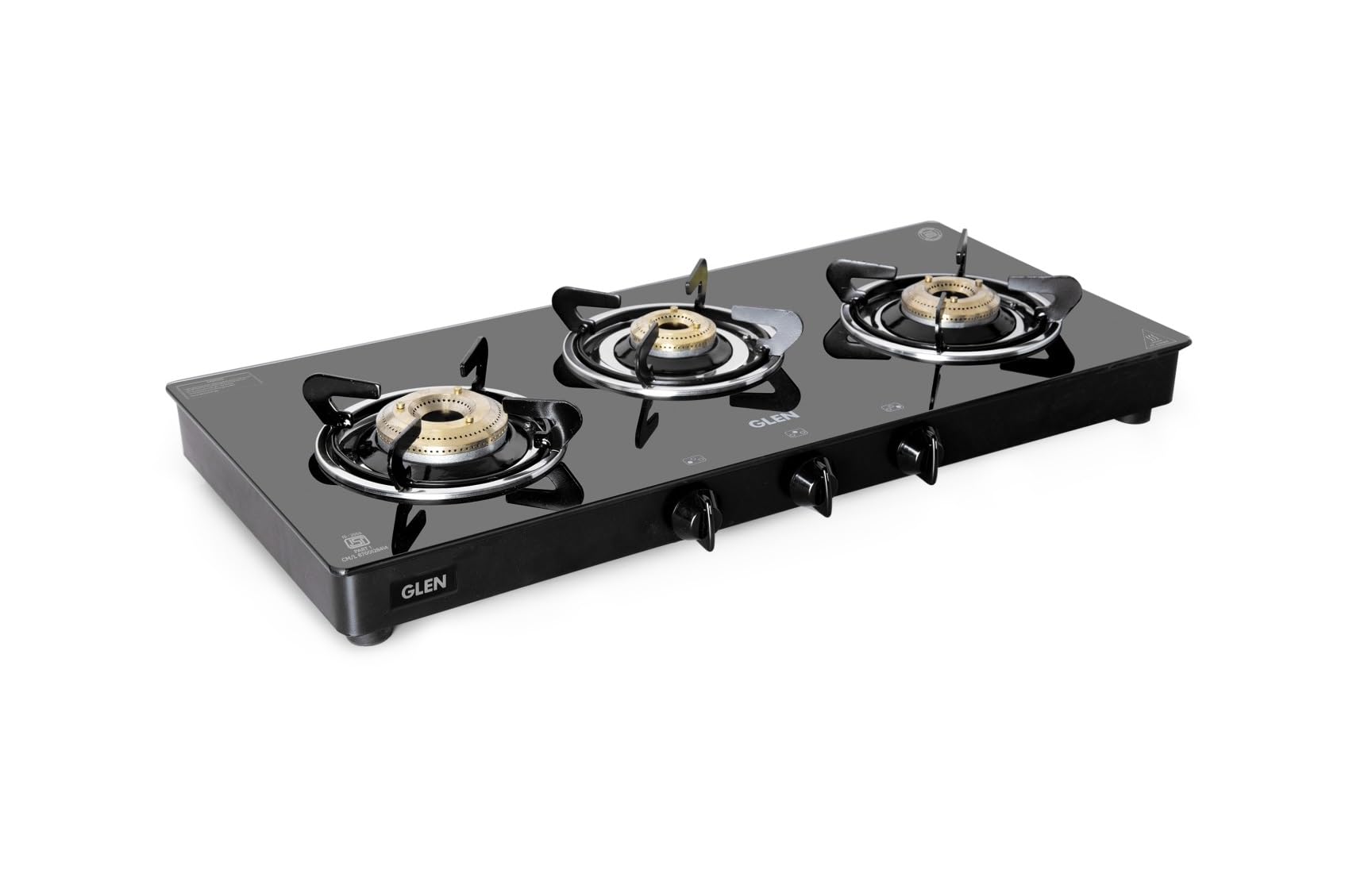 Glen 3 Burner Toughened Glass Top | LPG Gas Stoves with Fuel Efficient Brass Burners | Black | ISI Certified| Fixed Stainless Steel Drip Trays | 1033 GT BB BL (Manual)