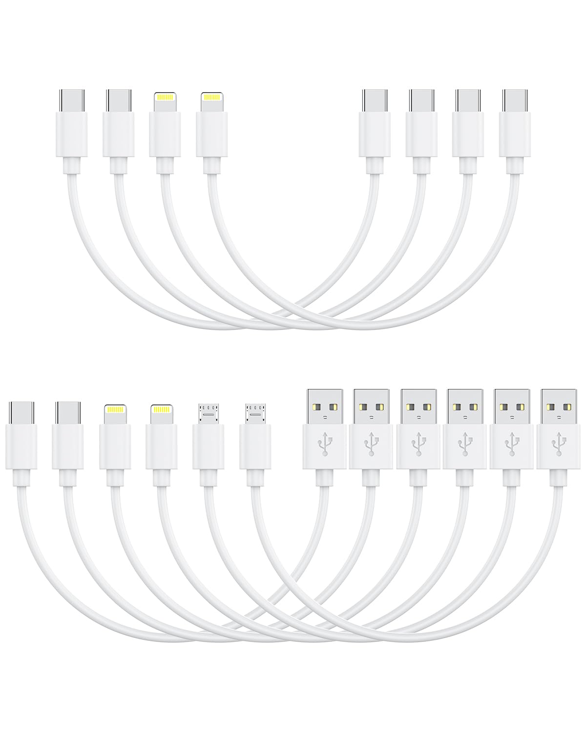 [10in, 10-Pack] Multi Short USB/C Cables Fast Charge & Sync to Type-C/Lightning/Micro USB Cords Bulk for Charging Stations Compatible with iPhone16&15, iPhone5-14, iPads, iPods, Mobiles, Tablets,White