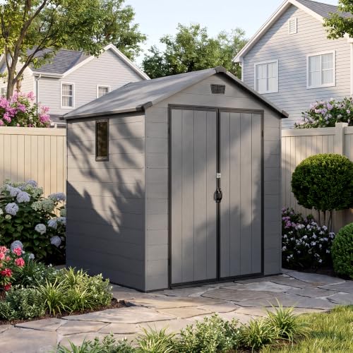 Image of Devoko 6X6 FT Plastic Outdoor Storage Shed with Floor, Dark Gray