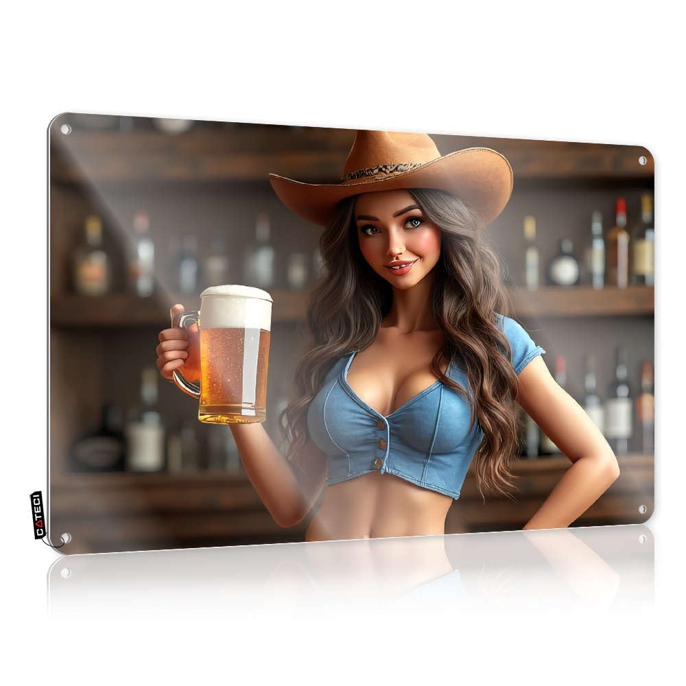 Wall Signs Tapestry Ready To Hang - Woman In Cowboy Hat Holding Beer Mug. Letters For Deck(30X40CM)