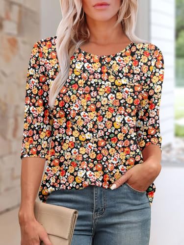 KISSMODA Women's Casual 3/4 Sleeve T-Shirts Round Neck Cute Tunic Tops Basic/Pleated Summer Tops Trendy Spring Blouses