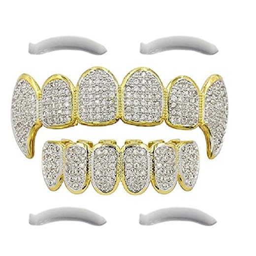 24K Plated Joker Gold Grillz for Mouth Top Bottom Hip Hop Teeth Grills for Teeth Mouth + 2 Extra Molding Bars + Microfiber Cloth (Gold Micropave Fangs)