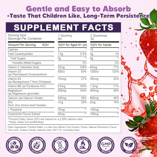Image of Magnesium Gummies for Kids & Adults - 400 /200mg Magnesium Glycinate with L-Theanine, Chamomile, D3 & K2, Kids Sleep Gummies Melatonin Free, for Zzz & Relax, Cognition - Sugar Free, 60 C