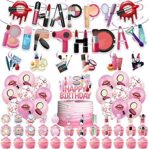 Image of Makeup Spa Birthday Decoration Set, Pink Cute Beauty Happy Birthday Banner, Party Supplies with Banner, Hanging Swirl, Balloon, Cake Topper, Cupcake Topper