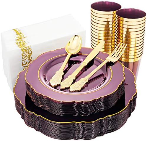 KIRE 210Pcs Purple Plastic Plates with Gold Rim& Disposable Plastic Silverware &Purple Cups&Hand Napkin- Baroque Clear Purple Plastic Dinnerware for Upscale Wedding &Parties&Mothers Day