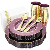 KIRE 210Pcs Purple Plastic Plates with Gold Rim& Disposable Plastic Silverware &Purple Cups&Hand Napkin- Baroque Clear Purple Plastic Dinnerware for Upscale Wedding &Parties&Mothers Day