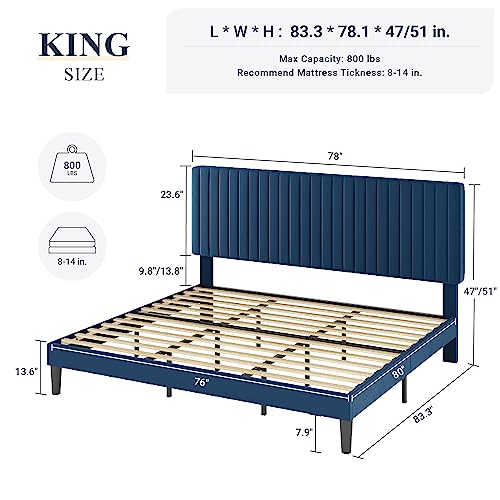 Image of Allewie King Bed Frame, Velvet Upholstered Platform Bed with Adjustable Vertical Channel Tufted Headboard, Mattress Foundation with Strong Wooden Slats, Box Spring Optional, Easy Assembly, Navy Blue
