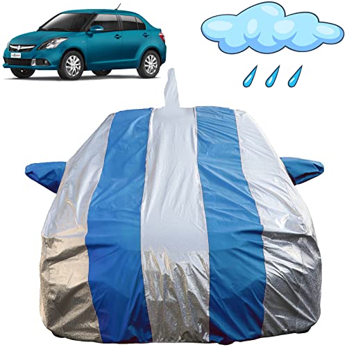 Image of Autofact Waterproof Car Body Cover Compatible with Maruti Swift Dzire (2012 to 2016) with Mirror and Antenna Pockets (Blue Stripes with Shinning Silver Fabric /Waterproof Cover)