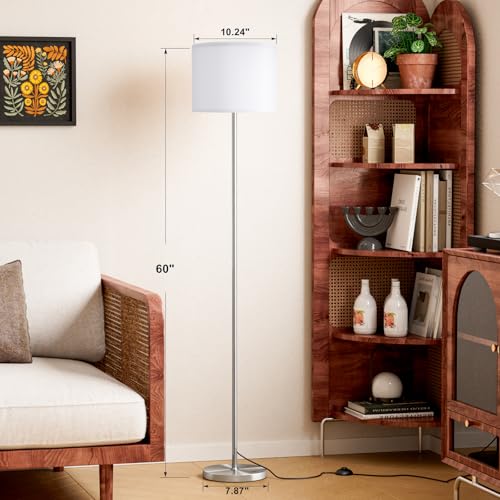 Image of Ambimall 60'' Modern Floor Lamp with Shade, Tall Lamps for Living Room, Bedroom, Office, Dining Room, White Shade with Silver Pole(Without Bulb)