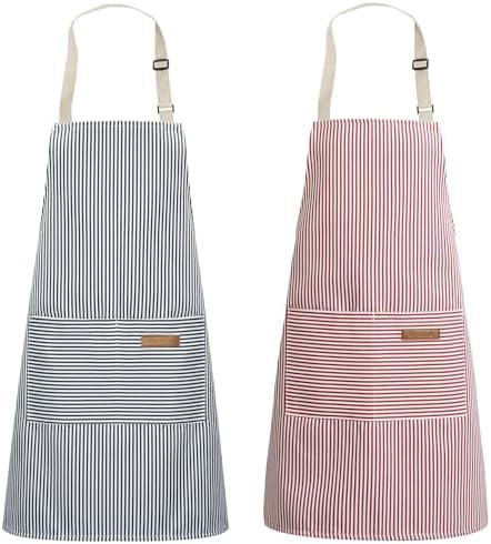 Syntus Apron for Men Women, Adjustable Cooking Kitchen Chef Aprons with 2 Pockets, Stripe Pink Blue Pin 2 Polycotton