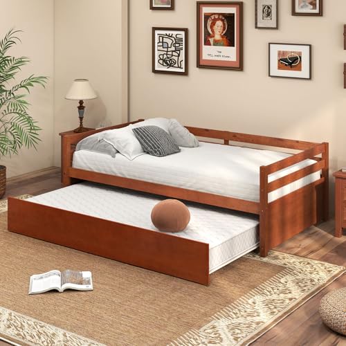 Giantex Twin Daybed with Trundle, Wood Trundle Bed with Wood Slat Support, Mid Century Day Bed Frame for Living Room Guest Room, No Box Spring Needed, Walnut