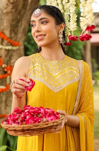 Image of Janasya Women Yellow Chanderi Silk Embellished Anarkali Kurta Set with Dupatta