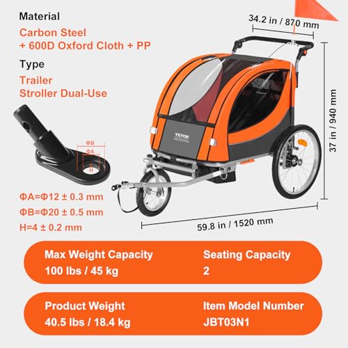Vevor 12+20IN BIKE TRAILER Trailer For Toddlers, Kids, Double Seat, 100 Lbs Load, 2-In-1 Canopy Carrier Converts To Stroller, Tow Behind Foldable Child Bicycle Trailer thumb #6