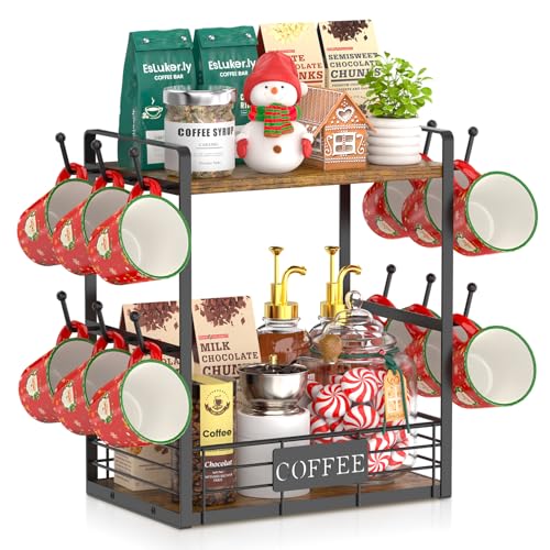 EsLuker.ly Coffee Mug Cup Holder Tree Bar Station Organizer, 2 Tier Mug Stand Rack for Countertop Kitchen, Storage Tower Display Shelf with 12 Hooks, Coffee Nook Enhancer, Vintage Brown Black