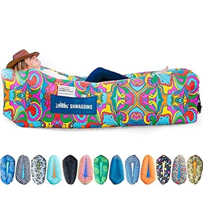 Chillbo Shwaggins Inflatable Couch – No-Pump Setup, Ripstop Polyester, Stability Pegs, Fun Prints, Portable Air Lounger for Beach, Camping, Festivals, and Tailgating - 60s Pyschedelic