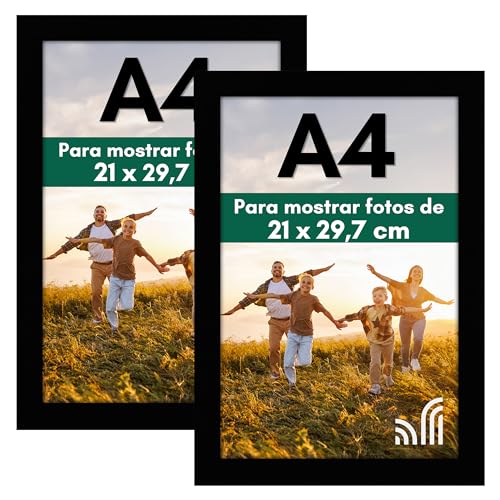 Americanflat A4 Marco de Fotos - MDF Madera Color Negro con Cristal Irrompible y Accesorios para Colgar y Pie - Marco Fotos Pared o Mesa con Visualización Horizontal o Vertical - Juego de 2 Unidades