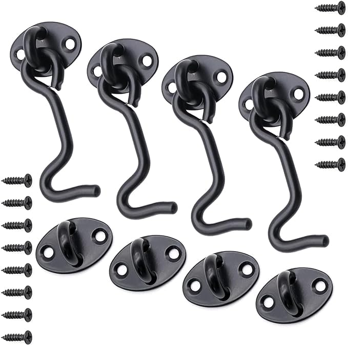 AMJKEJI 4 Pcs Door Latch Locks Cabin Hook and Eye Latch Stainless Steel Gate Latch with Mounting Screws for Wooden Gates Outdoor Garden Garage BathroomWindow Cabinet Internal Doors Black (3 Inch)