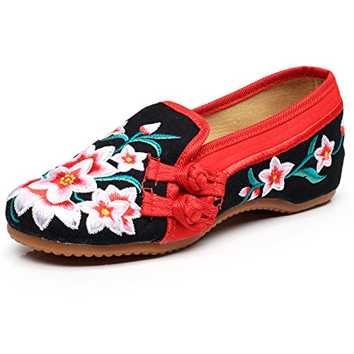 Qhome Women's Fashion Peachblossom Embroidered Flat Rubber Sole Round-Toe Casual Shoes