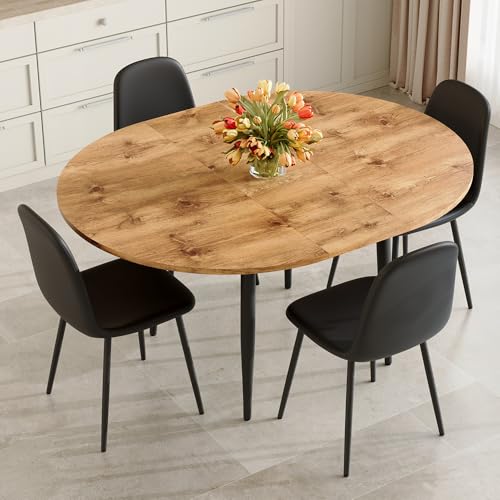 Image of FURNITO Wood Dining Table Set for 4, 42 inch-54 inch Round to Oval Extendable Table with 4 Fabric Chairs, Space-Saving Contemporary Dining Room Set for Small Apartments or Kitchens, Easy Assembly