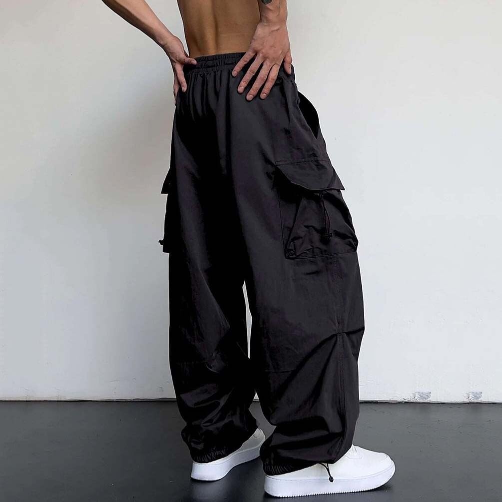 Męskie spodnie do biegania, luźne spodnie cargo z kieszeniami, spodnie dresowe Y2K, długie spodnie Streetwear ze sznurkiem (czarne, S)