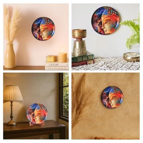 Image of RITUALISTIC Iron With Enamel Work, Mango Wood Stand Buddha Single Wall Plate 10 Inch with Stand|Wall Arts For Home Decoration, Living Room|Aesthetic Room Decor Items|Wall Hanging Show Pieces