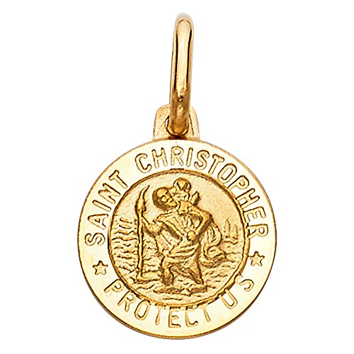 14K Yellow Gold St. Christopher Medal Pendant Necklace Protect Us Charm with 1.2mm Flat Open Wheat Chain2
