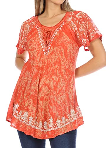 Sakkas Ash Speckled Tiedye Embroidered Cap Sleeve Blouse Top with Embroidery Hems