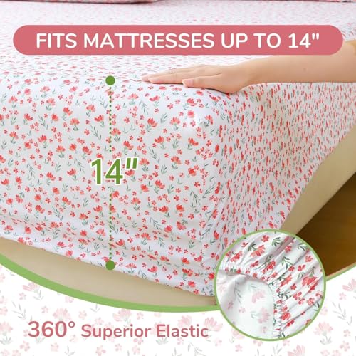 Image of MUXHOMO Queen Size 4 Piece Sheet Set, Soft Breathable Bed Sheet Set for Bedroom with Deep Pocket Up to 16 inch, Wrinkle-Free & Cooling Bedding for Oeko-TEX Certified - Rose Bloom