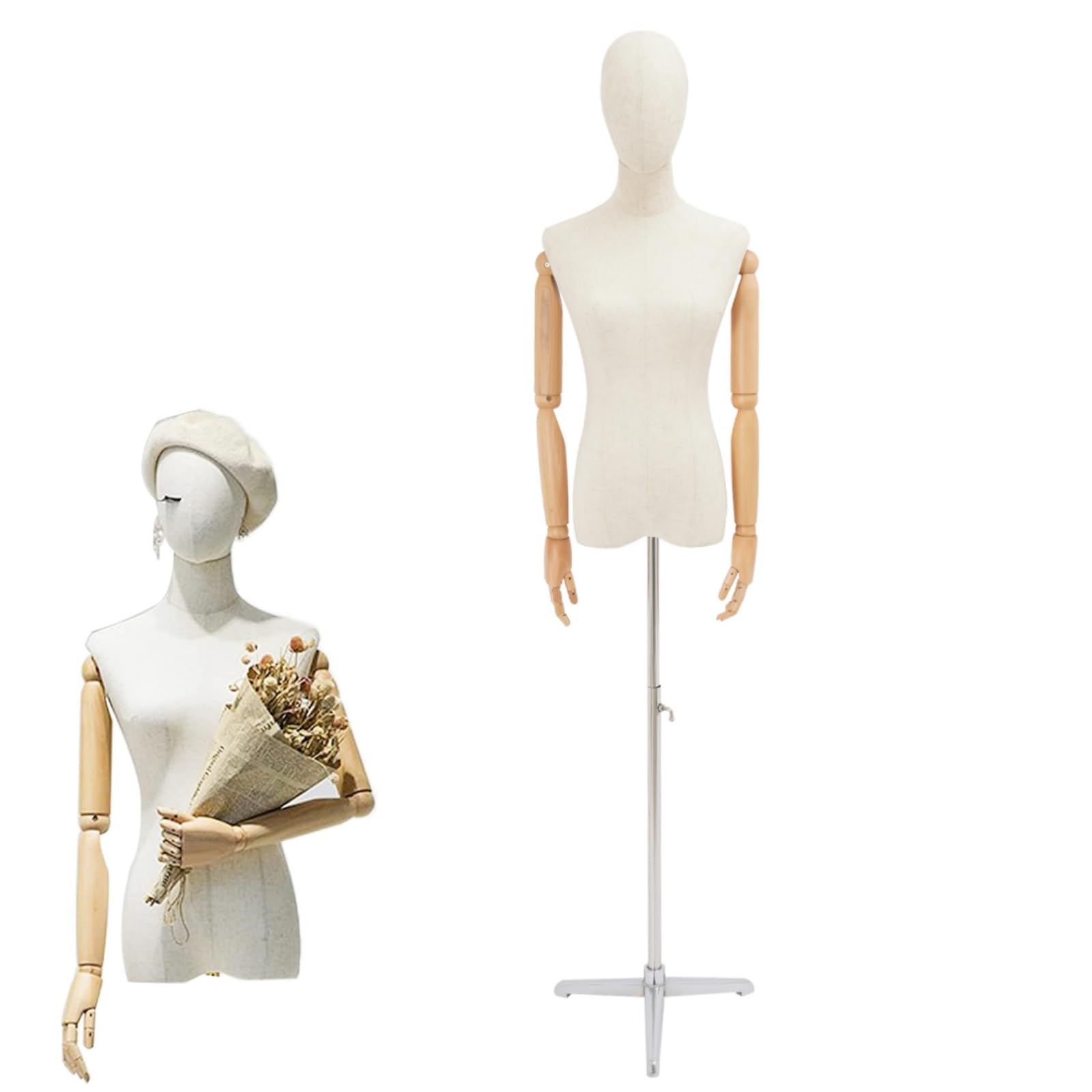 Manichino corpo femminile, manichino da sartoria con braccia in legno, altezza regolabile 150-210 cm, manichino da donna, per negozi di abbigliamento, vetrine, centri commerciali