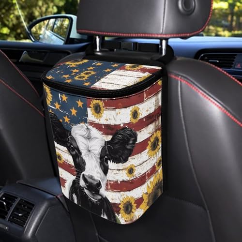 Image of Talayituse Cow Sunflower American Flag Print Car Trash Can with Adjustable Straps, Foldable Car Trash Bag Bin Car Garbage Bag Multipurpose Storage Box for Vehicle Travel Camping Picnicing