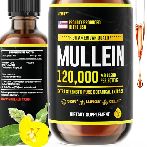 HERBIFY Mullein Drops - Lung Cleanse - Leaf Extract - Powerful Mullein for Immune Support,Detox & Respiratory Support - Made in USA - Lung Cleanse for Smokers - 4 Oz
