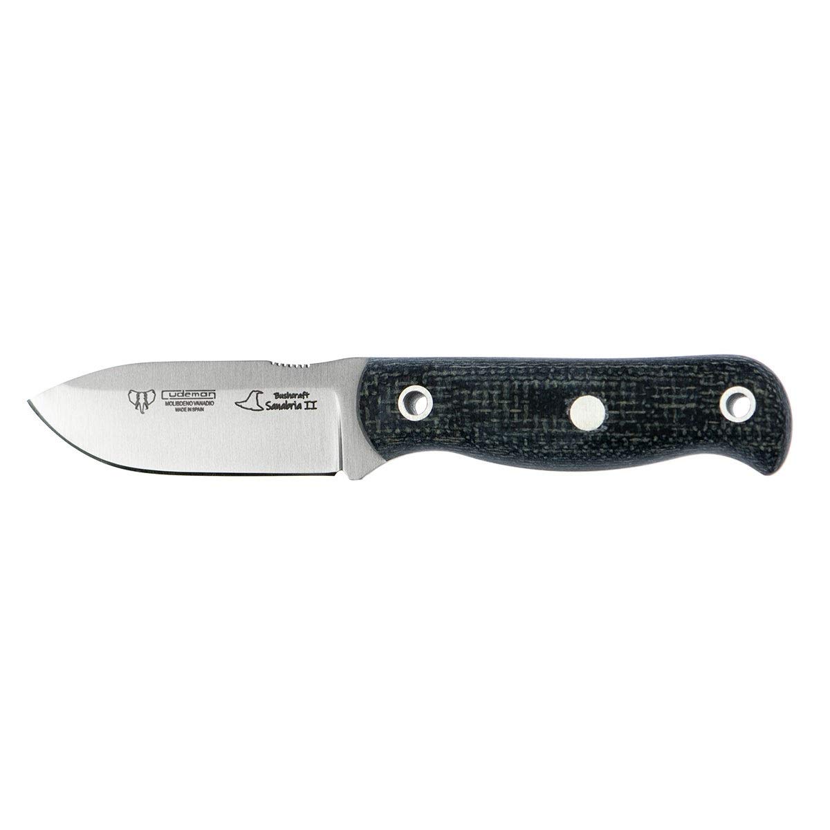 Cuchillo Cudeman 182-T Mini SANABRIA II BUSHCRAFT hoja de acero ACX-380 de 7 cm empuñadura de yute negro de 8,5 cm funda de cuero para Caza, Pesca, Supervivencia y Bushcraft